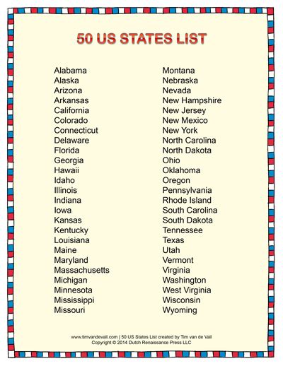 Printable List Of 50 States Printable List Of 50 States That Are