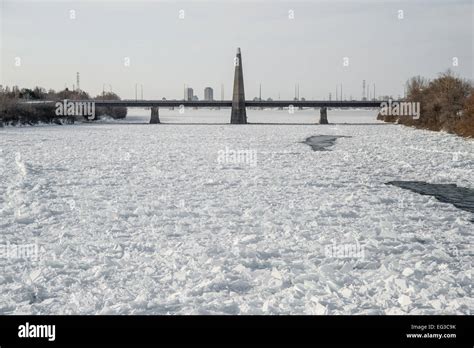 Frozen St Lawrence River In Montreal With Crumbled Ice And Spikes With