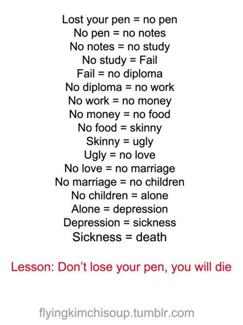No pen=Die! i need to tell this to my teacher!!!!!!! good ... If i had 6 oranges in one hand and 7 apples in the other, what would i have?