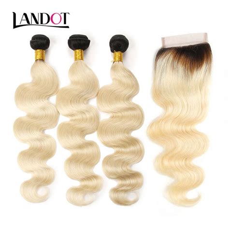 9A Ombre 1B 613 Color Blonde Lace Closures With 3 Bundles Brazilian