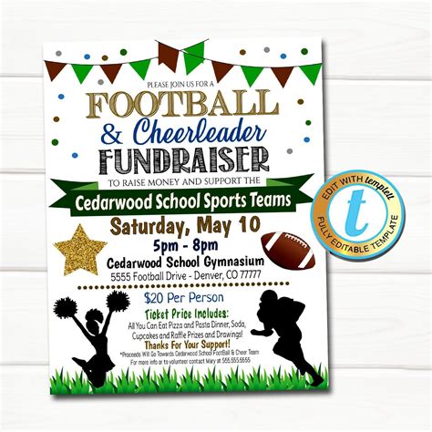 Football And Cheerleader Fundraiser Flyer Sports Team Banquet Invitation