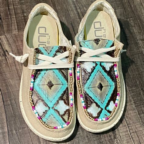 Custom Hey Dude Shoes Beaded Teal Tooled Leather Etsy