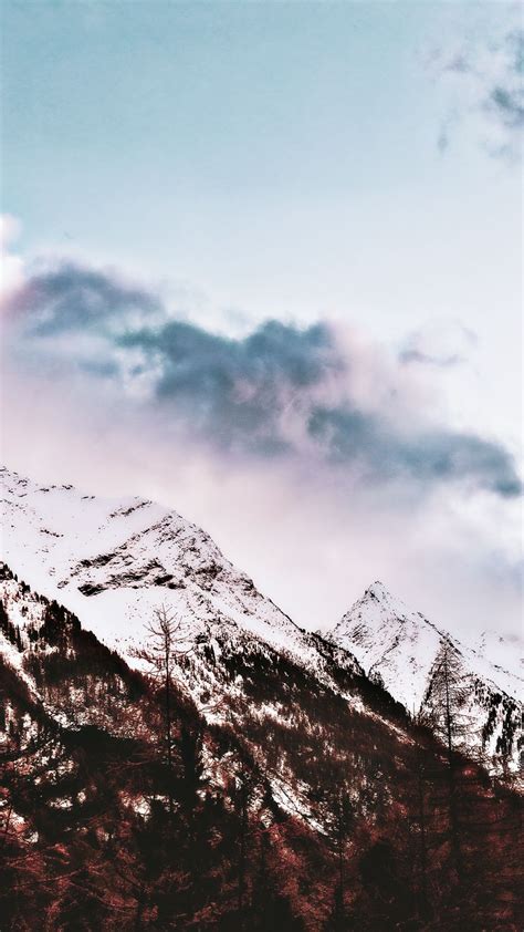 Download Wallpaper 938x1668 Mountain Snow Peak Trees Sky Iphone 87