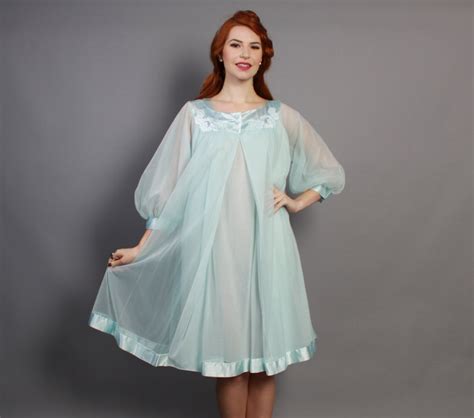 60s Nightgown And Peignoir Set Light Blue Embroidered Satin Etsy