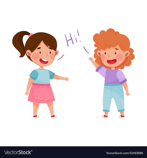 Friendly Kids Greeting Each Other Waving Hands Vector Image