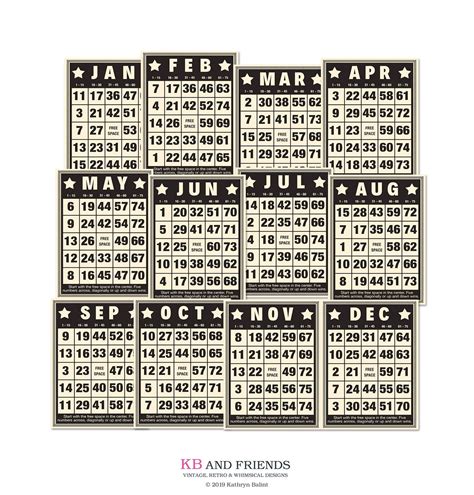 Digital Bingo Cards By Month 12 Decorative Calendar Cards Etsy