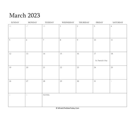 Editable Calendar March 2023 With Holidays Whatisthedatetodaycom