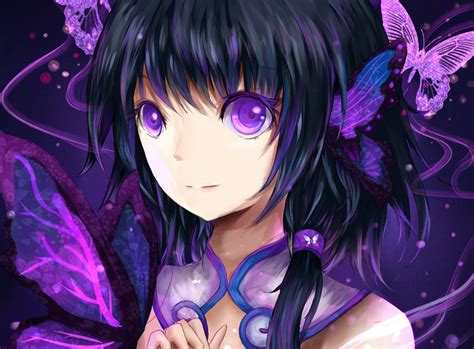 Purple Eyed Anime Girl With Butterflies Around Her Head Hd Wallpaper