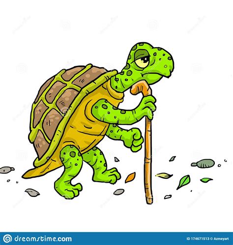 Cartoon Old Tortoise Walking Slowly With Stick Stock Vector ...