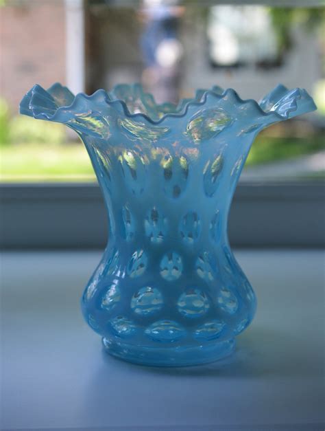 Fenton Vintage Art Glass Blue Opalescent Coin Dot Ruffled Vase Etsy