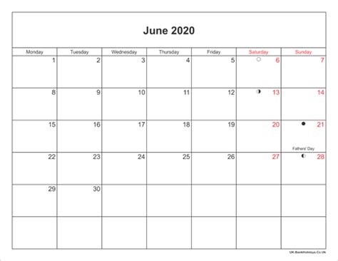 June 2020 Calendar Printable With Bank Holidays Uk