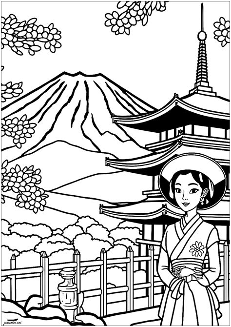 Simple Geisha In Japan Japan Adult Coloring Pages