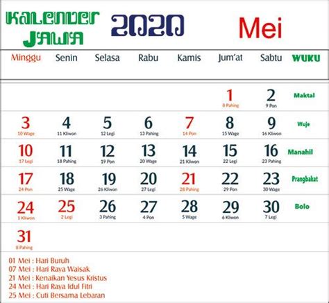 Kalender 2020 Indonesia Jawa Lengkap 12 Bulan Kalender Tolu Bulan