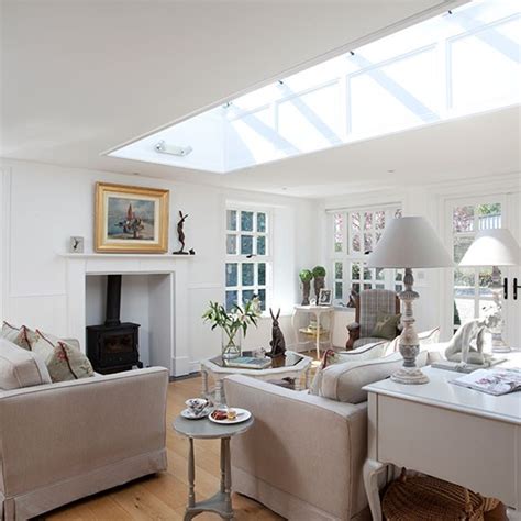 White Living Room With Skylight Open Plan Living Room
