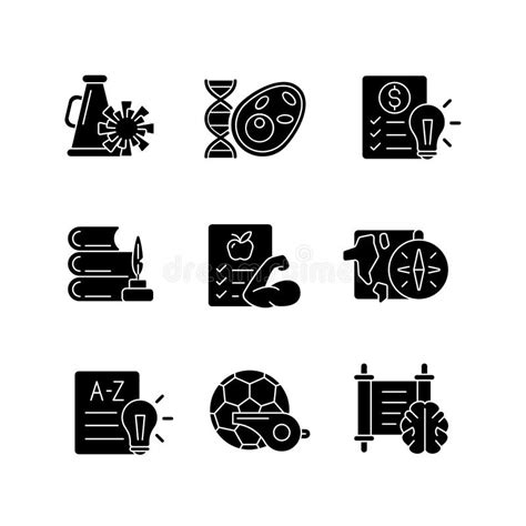 Various School Subjects Black Glyph Icons Set On White Space Stock