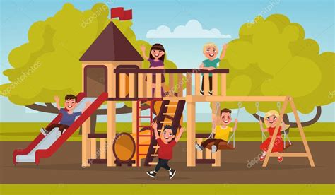 Happy Childhood Children Play On The Playground Vector Illustration