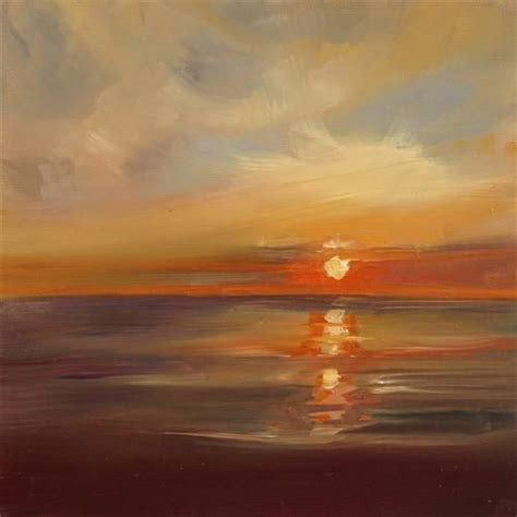 An Oil Painting Of A Sunset Over The Ocean With Clouds And Sun