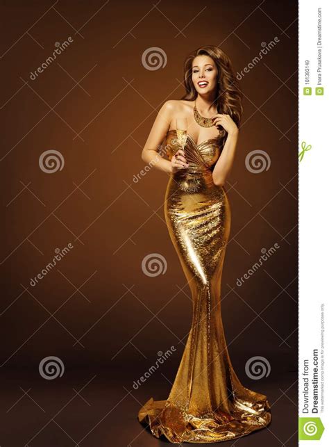 Fashion Model Gold Dress Woman In Beauty Long Golden Gown