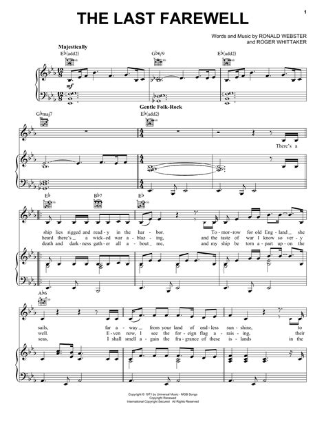The Last Farewell Sheet Music Roger Whittaker Piano
