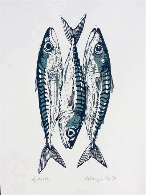 ‘mackerel Linocut Print Fish Artwork Linocut Prints Fish Illustration