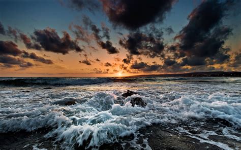 wallpaper sunset sea rock shore sky beach sunrise evening morning coast horizon