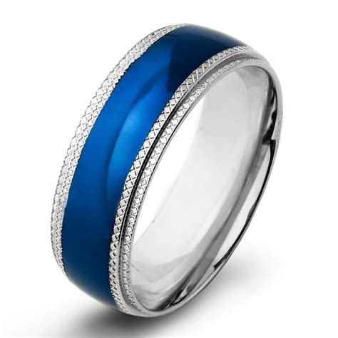 Blue Plated Stainless Steel Mens Ridged Edge Wedding Band 30b614d6 2629 44ea A76a 35d55d30b9cd 600 