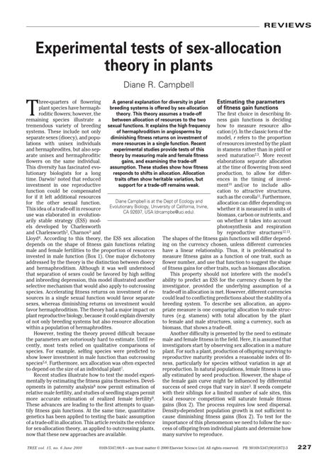 Pdf Experimental Tests Of Sex Allocation Theory In Plants