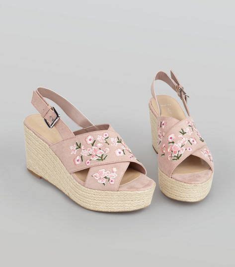 Wide Fit Pink Floral Embroidered Cross Strap Wedges New Look Cross