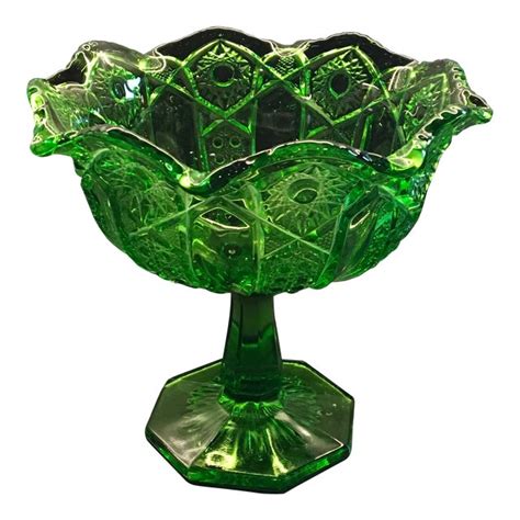 l e smith heritage green pressed glass compote 1950s chairish