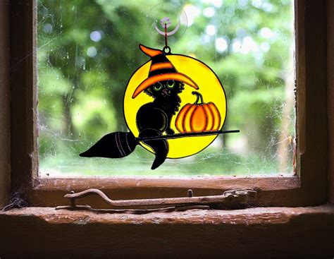 Black Cat Halloween Decor Black Cat Stained Glass Suncatcher Halloween