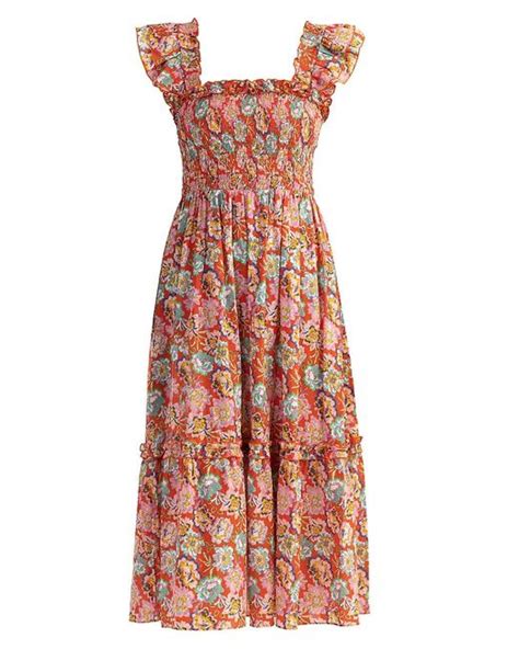 Shoshanna Floral Smocked Midi Dress In Red Lyst