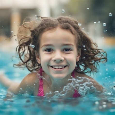 Маленькая девочка в аквапарке плавает под водой и улыбается созданная
