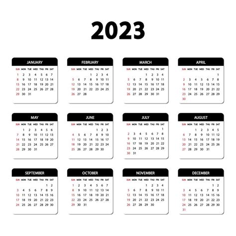 calendario 2023 año la semana empieza el domingo plantilla anual de calendario inglés 2023