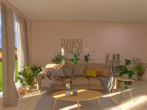 Living Room Interior Design Plant 3d Render 3d Illustration Home