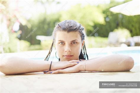Portrait Of Teenage Girl With Wet Hair In Swimming Pool — Leisure