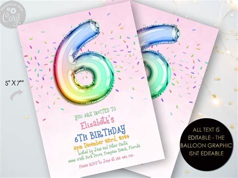6th Rainbow Birthday Invitation Editable Template Rainbow Etsy