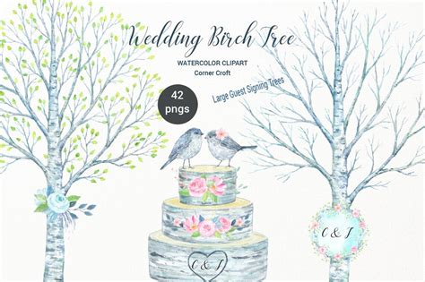 Wedding Birch Tree Watercolor Clipart Large Guest Signing Etsy