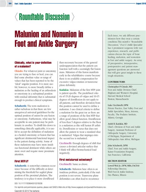 Malunion And Nonunion In Foot And Ankle Surgery Christopher P Chiodo