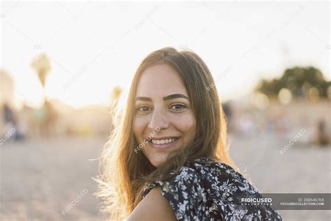 Beautiful Woman On The Beach At Sunset Portrait — Joy Summer Stock
