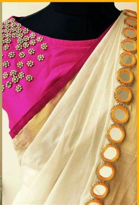 Hand embroidery beautiful mirror flower designs and picot stitch work. Mirror border sari … | Mirror work blouse design, Kerala ...