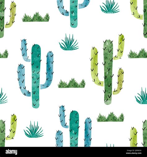 Watercolor Cactus Seamless Pattern Vector Background With Green And