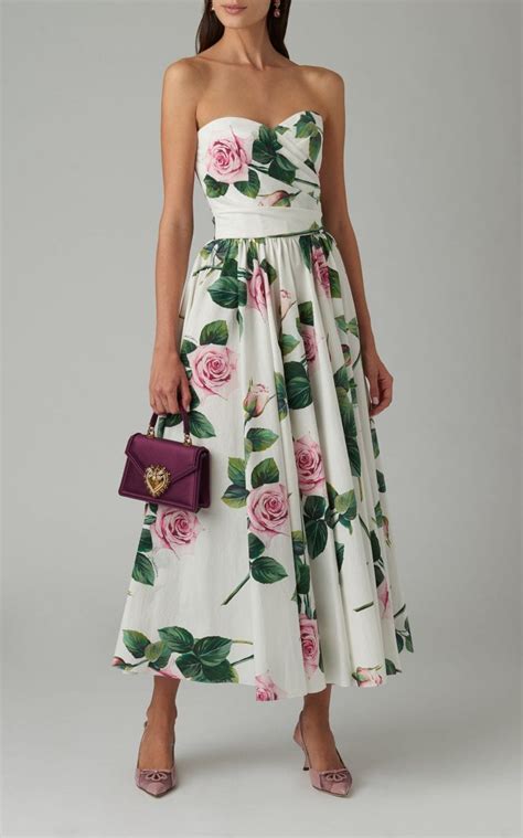 Dolce And Gabbana Strapless Floral Cotton Poplin Midi Dress We Select