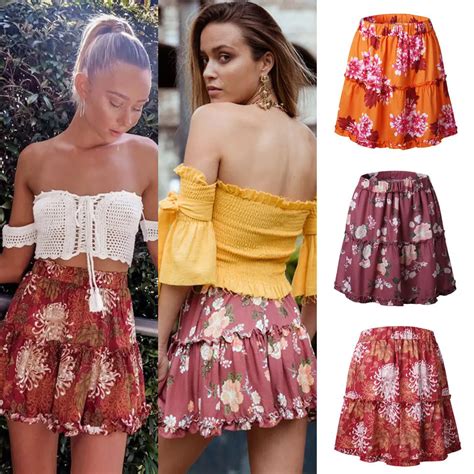 Summer Sweet Bohemian Women Skirts 3 Style Elastic Waist High Waist Floral Print Ruffles A Line