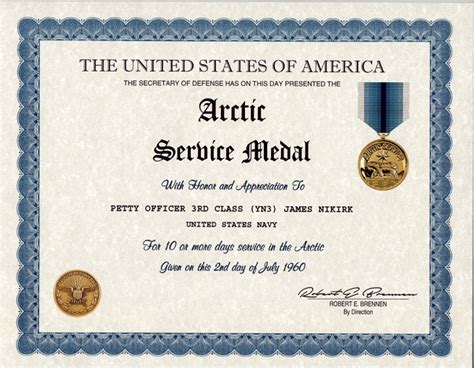 Coast Guard Arctic Service Medal Certificate