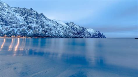 Lights Reflecting In The Frozen Mountain Lake Wallpaper Nature And