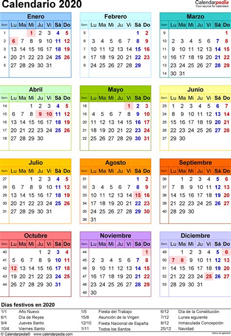 Calendario 2020 En Word Excel Y Pdf Calendarpedia
