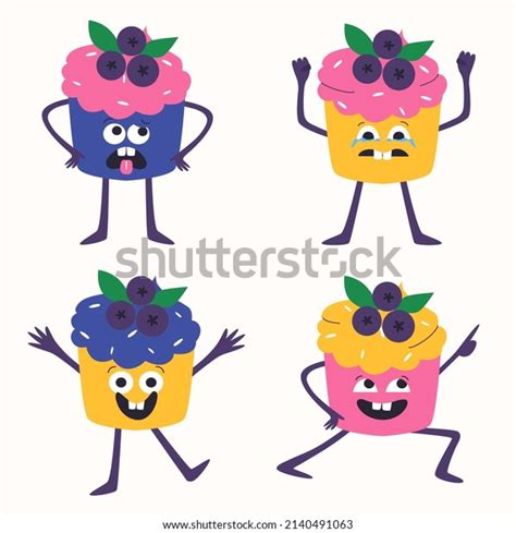 Set Cute Cupcakes Cartoon Style Vector Stock Vector Royalty Free