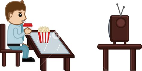 Man Watching Tv While Having Cold Drink And Popcorns Food Cartoon