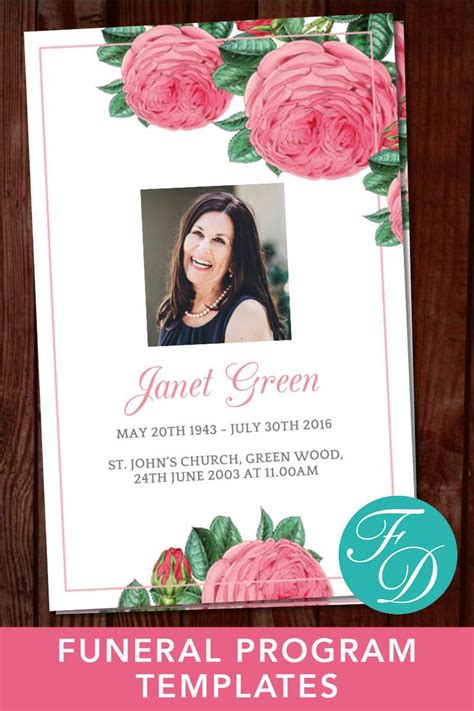 Funeral Program Template With Pink Flowers Celebration Of Etsy Uk
