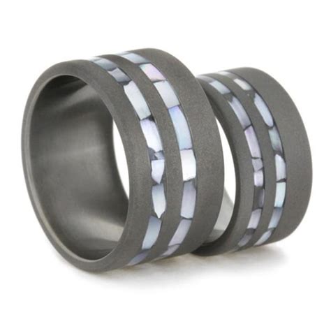 Mother Or Pearl Wedding Band Set His And Hers Titanium Rings With Sandblasted Finish Matching Couples Ring 